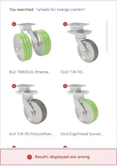 B2B industrial parts search without Xearch AI Sales Assistant showing unclear results